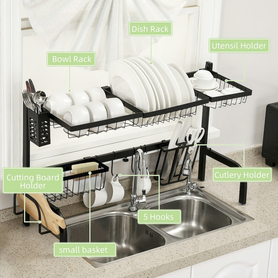 image 1 of HOMCOM Over The Sink Dish Drying Rack, 2 Tier Adjustable Dish Drainer Black