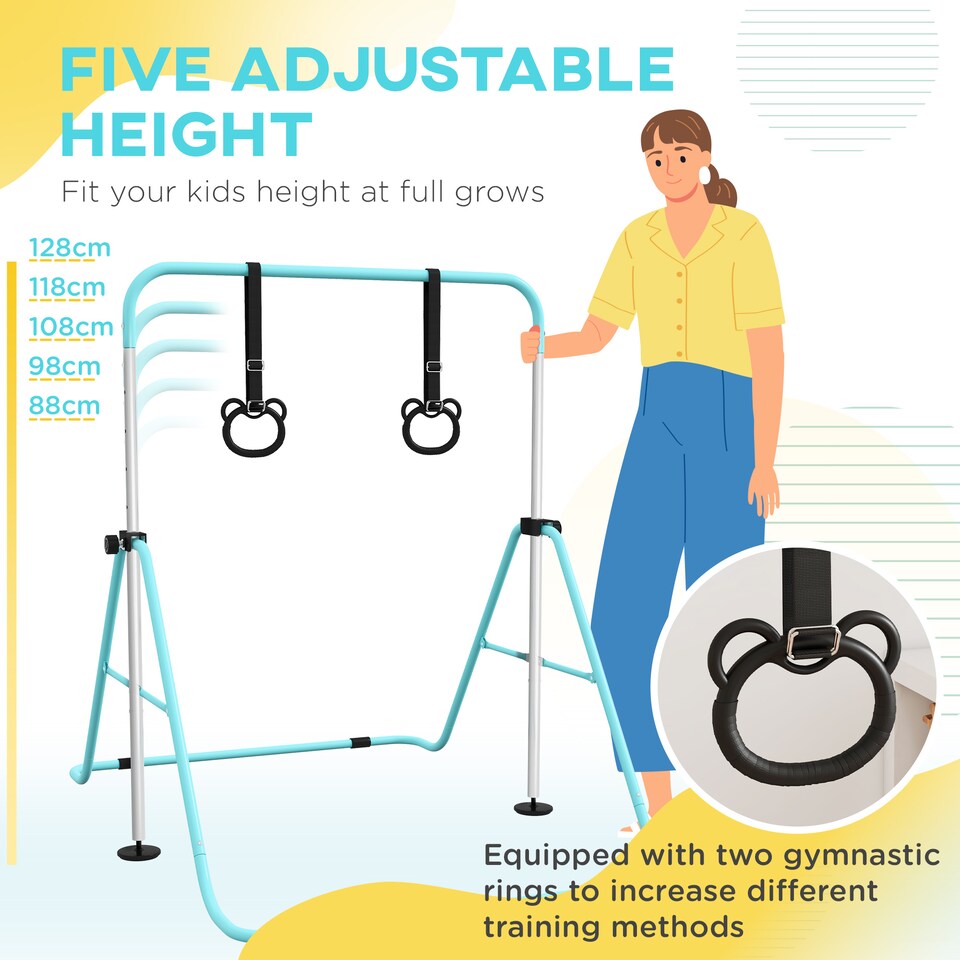 image 1 of HOMCOM Adjustable Height Foldable Kids Gymnastics Bar, Green