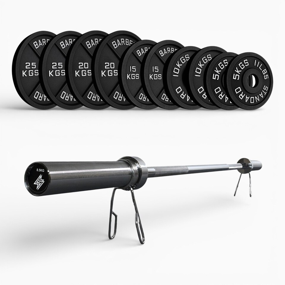 image 1 of GYM SETS UK  Cast Iron Weight Plates- (150kg Set / With 5ft Barbell + Clips)