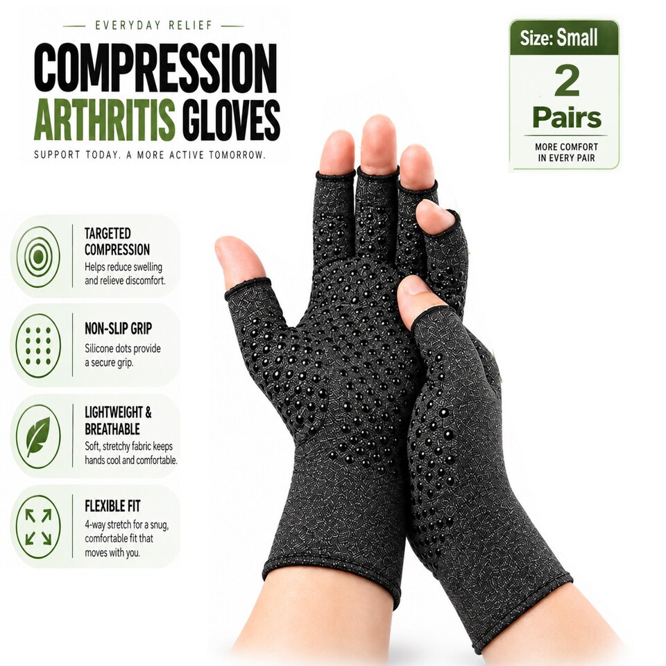 image 1 of Small Fingerless Compression Gloves 2 Pair for Men & Women, Breathable Stretch Support Gloves for Everyday Wear
