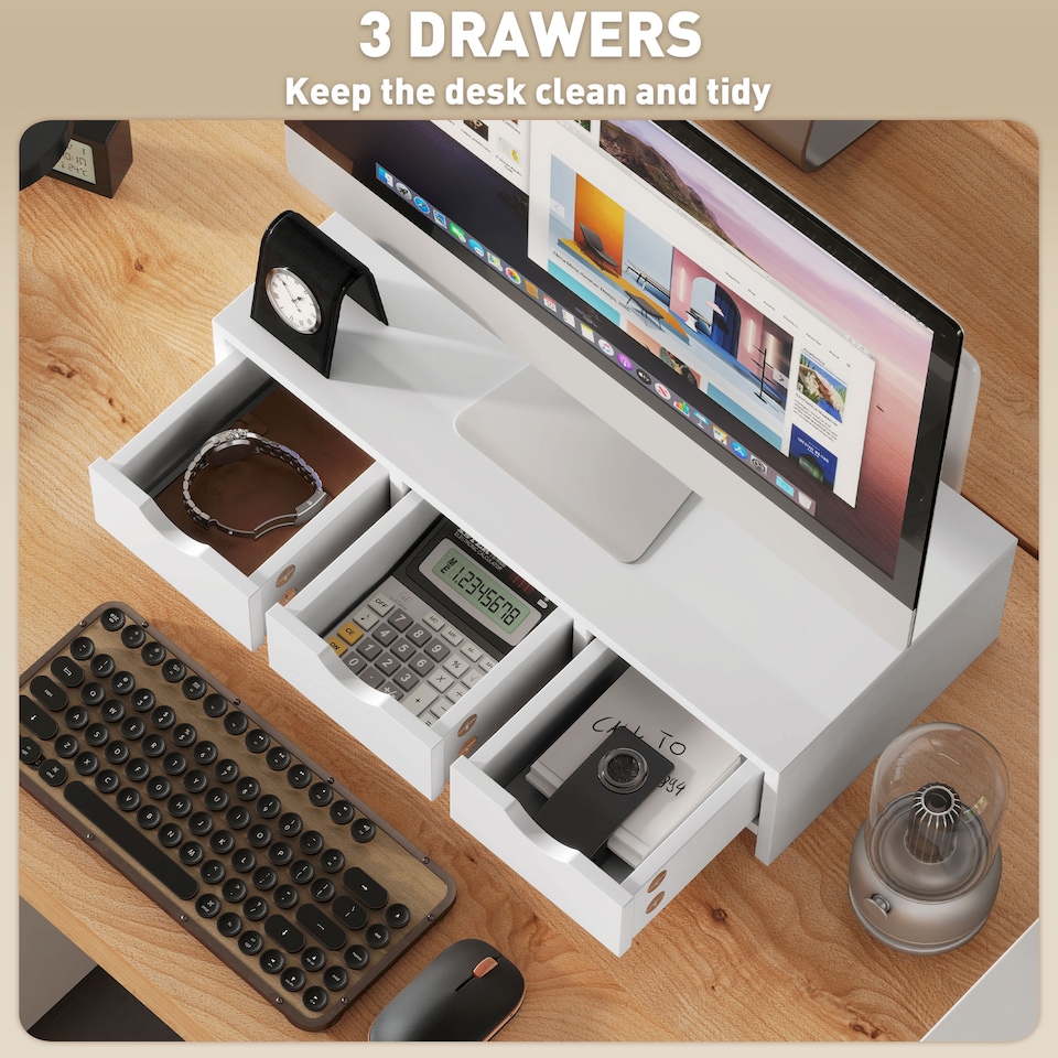 image 1 of HOMCOM Monitor Stand Riser with 3 Drawers, Monitor Riser for Laptop, Computer, PC, Small Printer, 51 x 24 x 13cm, White