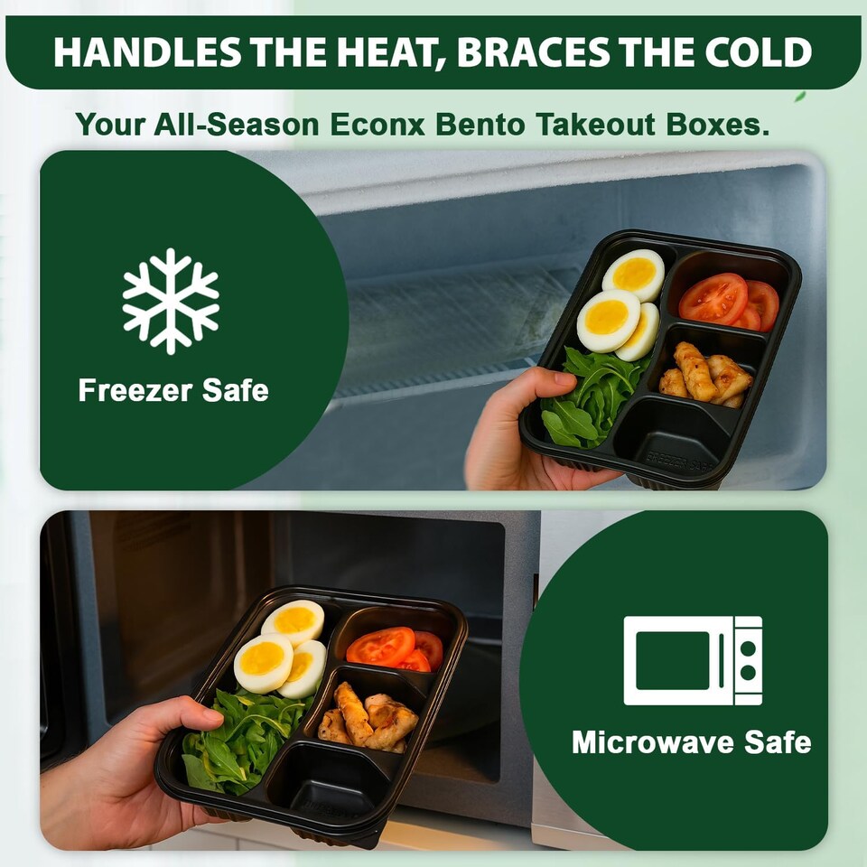 image 1 of Black 4 Compartment Meal Prep Containers With Lid Plastic Microwave Safe Food Storage Box 50pc