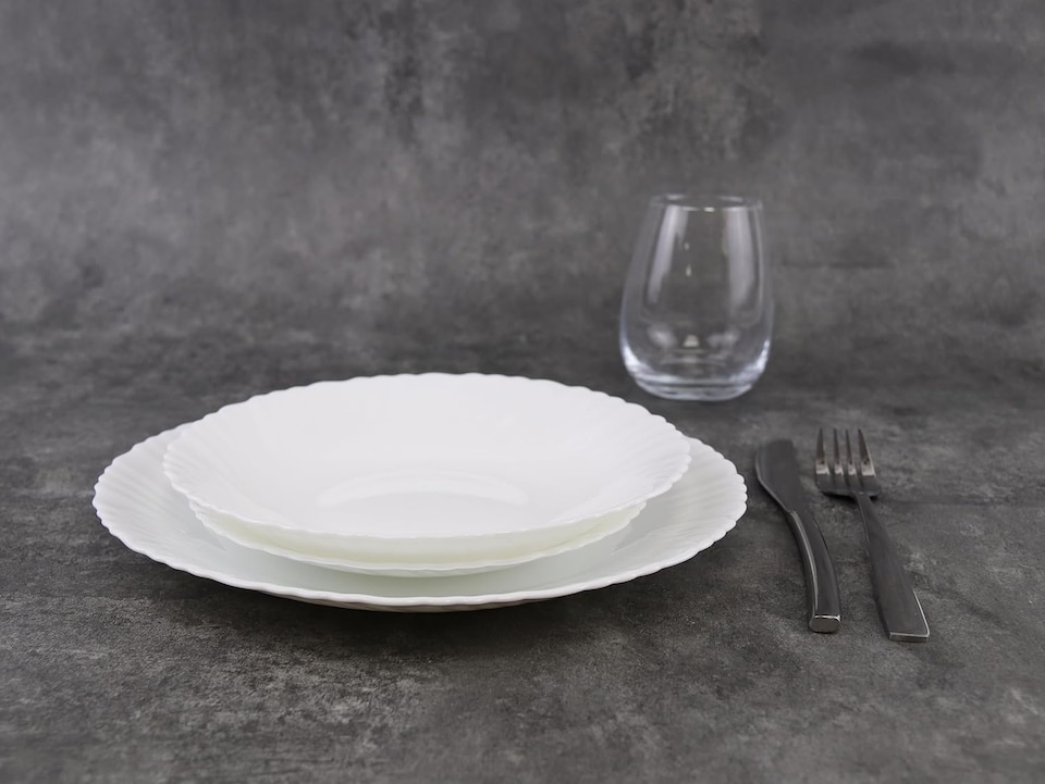 image 1 of White Opal Glass Dinner Set Plates Soup Bowls Dinnerware | White | Sophia Wavy - 12 Pcs | 12