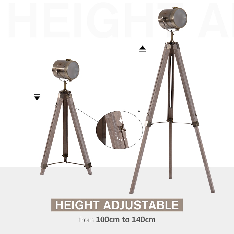 image 1 of HOMCOM Industrial Tripod Floor Lamp Wood Height Adjustable Spotlight Bronze