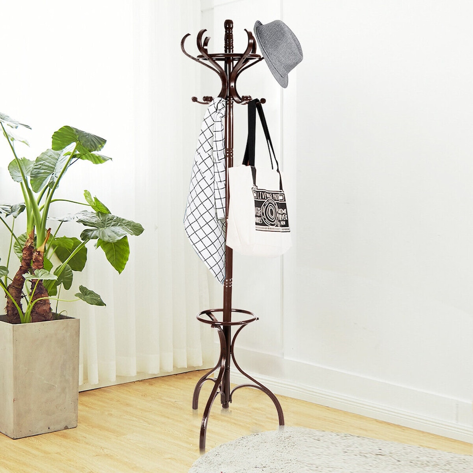image 1 of COSTWAY Wooden Rotating Coat Hat Hanger Free Standing Hallstand Umbrella Stand 12 Hooks