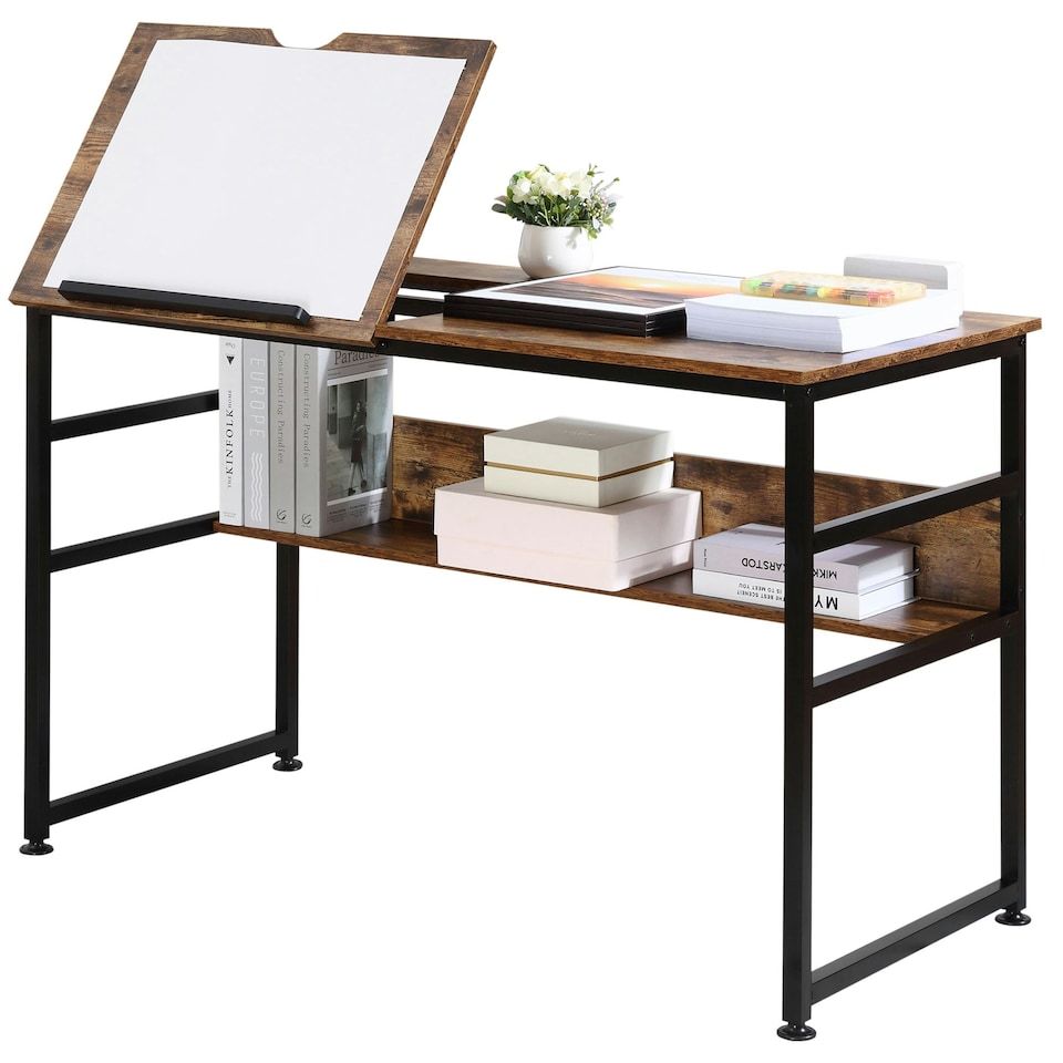 image 1 of HOMCOM Tiltable Drafting Table Home Office Computer Desk w/ Shelf, Rustic Brown