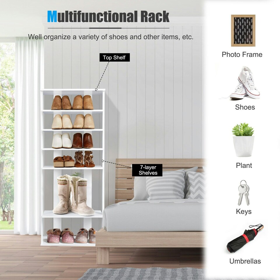 image 1 of COSTWAY 7-tier Double Shoe Storage Tower Rack Stand White White