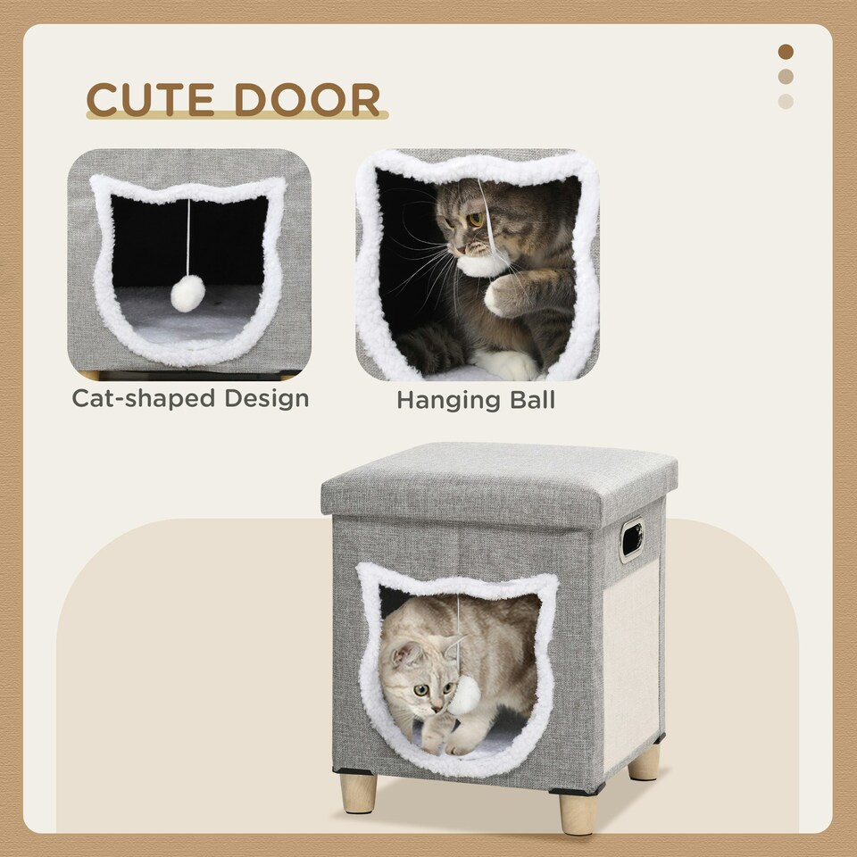 image 1 of PawHut 2 in 1 Cat Bed Ottoman w/ Removable Cushion, Handles, Scratching Pad