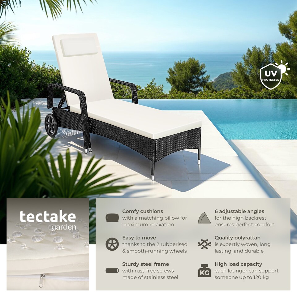 image 1 of Sun Lounger - 6-position backrest, weather and UV-resistant, soft pillow, two wheels | Black | black/beige | 1