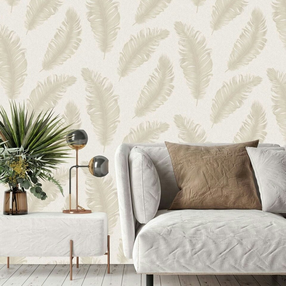 image 1 of Belgravia Ciara Feather Glitter Textured Wallpaper - Cream/Soft Beige - 10m x 53cm Cream