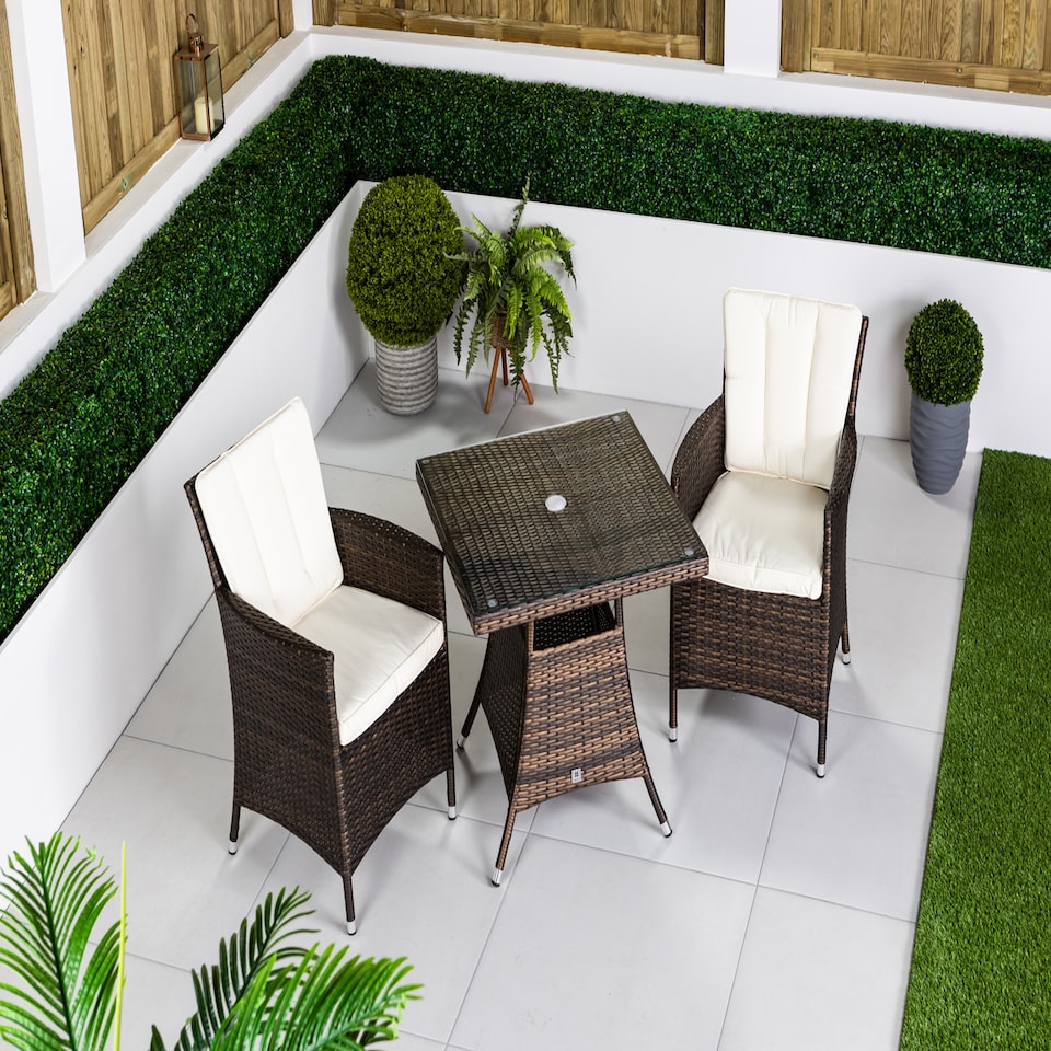 image 1 of Savannah Square Rattan Garden Bistro Table and Chairs Set 2 Seater | Brown | Brown