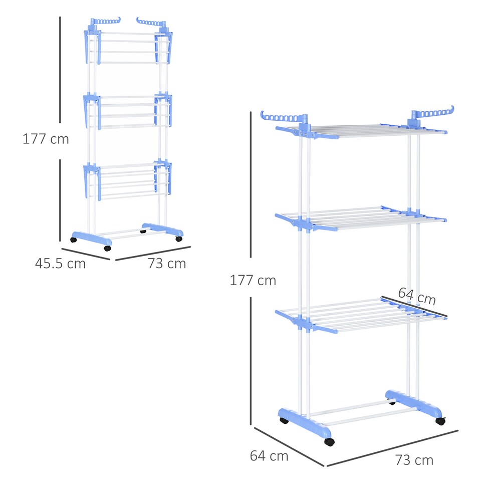image 1 of HOMCOM 4-Tier Clothes Airer, Foldable Clothes Drying Rack with Wheels and Wings, Steel Garment Laundry Rack for Indoor and Outdoor Use, Blue