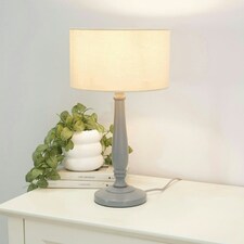 ValueLights Victoria Grey Wood Traditional Stem Table Lamp with Natural Fabric Drum Shade and LED Bulb