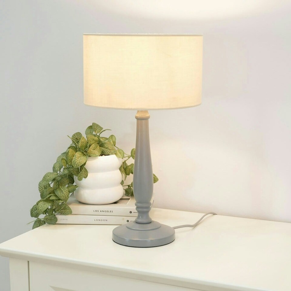 image 1 of ValueLights Victoria Grey Wood Traditional Stem Table Lamp with Natural Fabric Drum Shade and LED Bulb