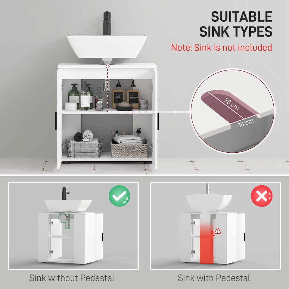 image 1 of kleankin Under Sink Bathroom Cabinet, Bathroom Vanity Unit, Basin Storage Cupboard with Double Doors and Shelf, 10W x 20Dcm Cut-Out, White