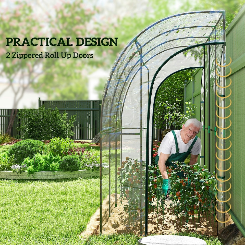 image 1 of Outsunny 214x118x212cm Walk-In Lean to Wall Tunnel Plastic Greenhouse with Doors