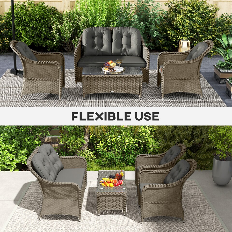 image 1 of Outsunny 4 Pieces Outdoor PE Rattan Garden Furniture with Cushions, Patio Special Hand Weave Wicker Conservatory Sofa Set with Glass Top Coffee Table, Light Grey | Grey | Four Seater