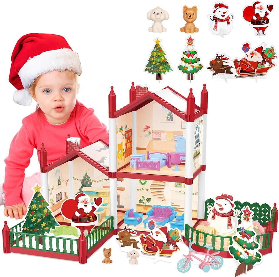 image 1 of Christmas Doll House Playset - 3D DIY Two-Story Dream Home with Garden & Accessories Holiday Gift for Kids Ages 3 plus