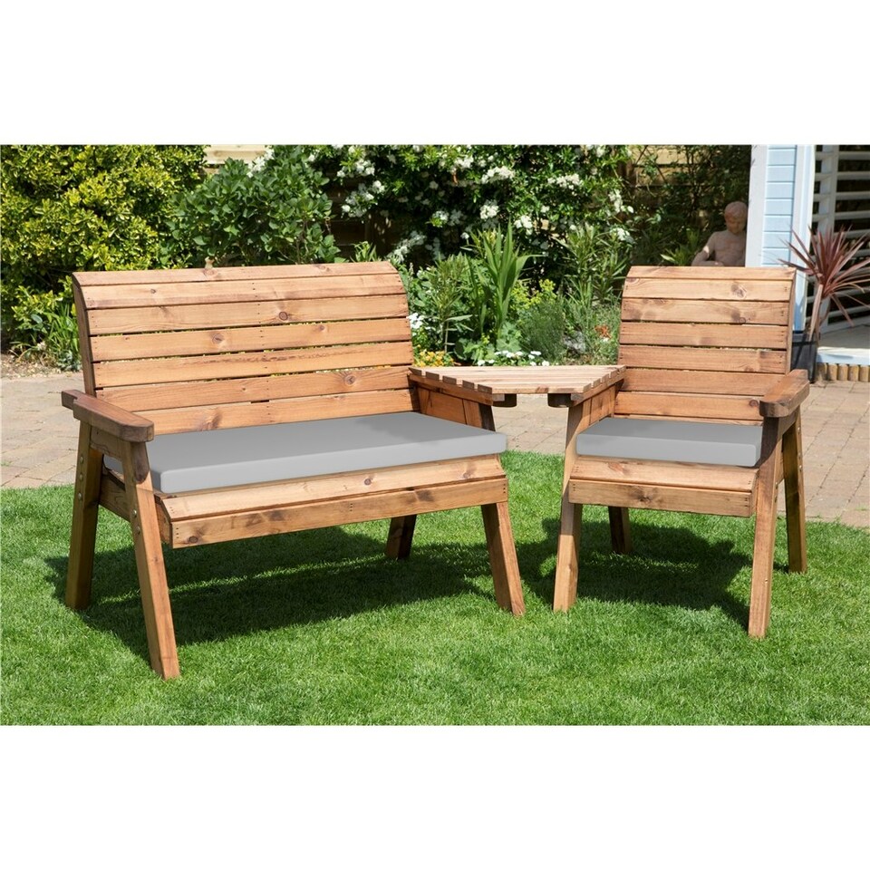 image 1 of Wooden 3 Seat Angled Companion Set With 1 x Bench Cushion Grey ,1 x Chair Cushion Grey & 1 x Fitted Cover