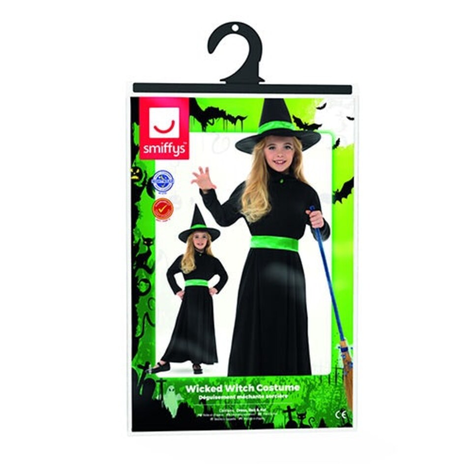 image 1 of Wicked Witch Black and Green Girls Fancy Dress Costume Kids Medium - Age 7-9