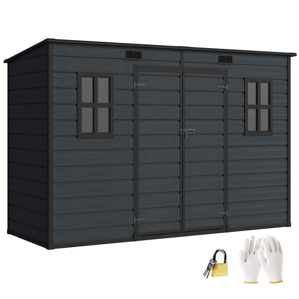 image 1 of Outsunny 10 x 4 ft Plastic Garden Shed with Floor, Lockable Doors Dark Grey | Grey | Dark Grey