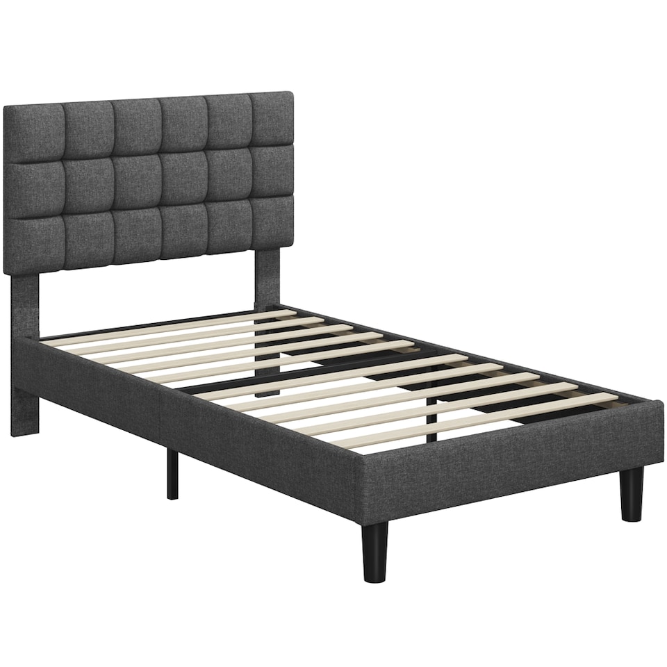 image 1 of Yaheetech 3ft Single Upholstered Bed Frame with Square Tufted Headboard-Light Grey