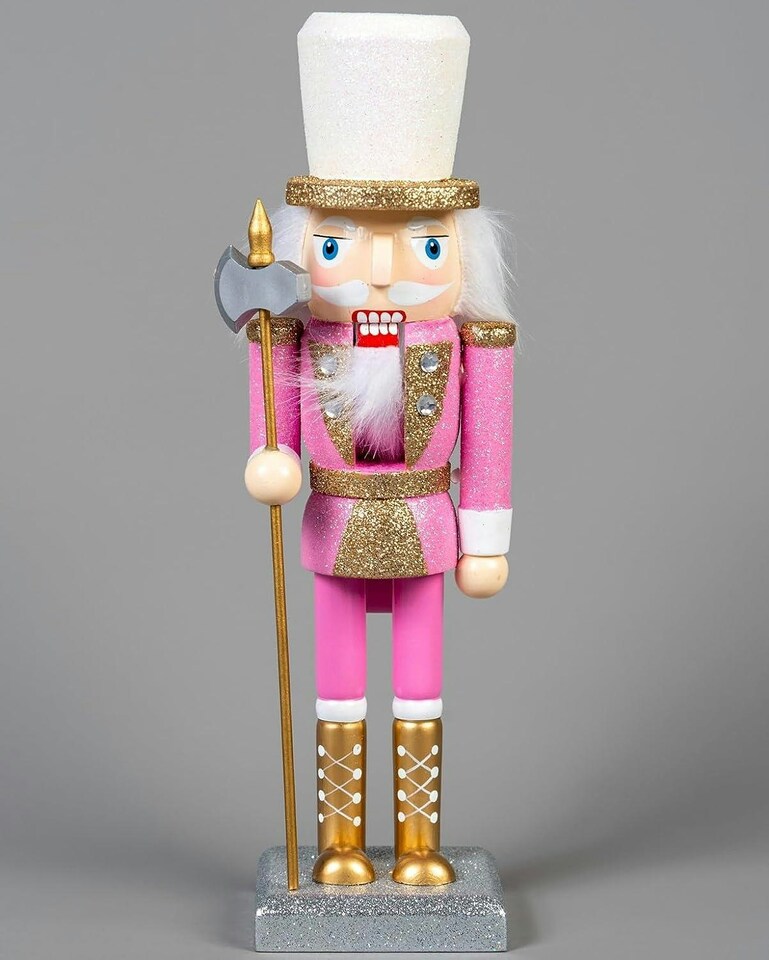 image 1 of 25cm Pink Wooden Nutcrackers Soldiers King Drummer Christmas Ornament 4pcs Set