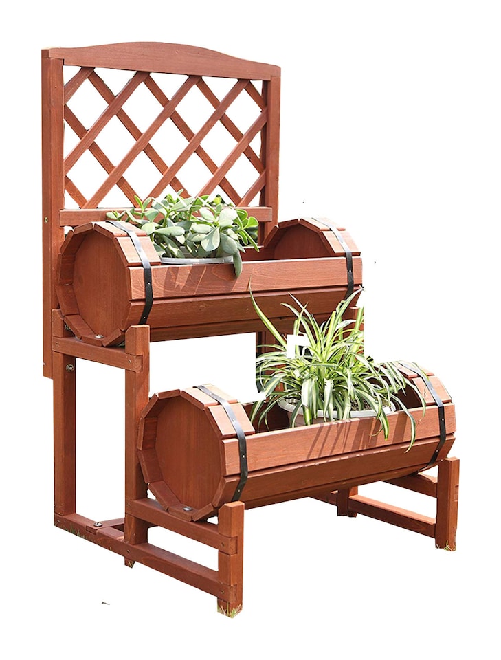 image 1 of Groundlevel 2 Tier Wood Barrel Planter With Trellis Treated Wood Construction - Natural