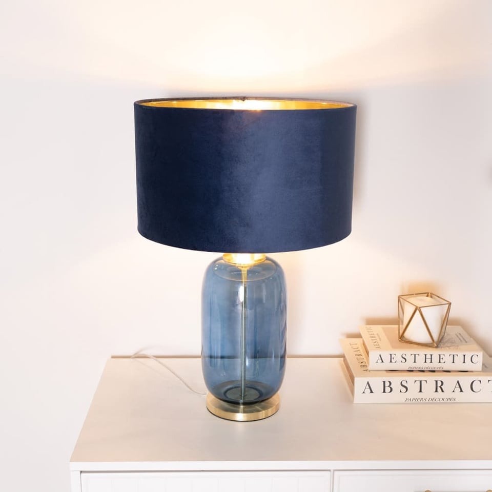 image 1 of ValueLights Leigh Navy Blue and Gold Table Lamp Navy Velvet Gold Shade & Bulb | Blue