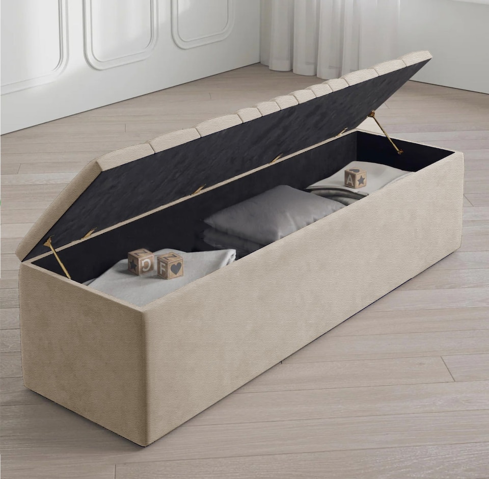 image 1 of Safar 137cm Large Ottoman Storage Box - Naples Shoes Bench - Beige Lined Upholstery Blanket Storage Box
