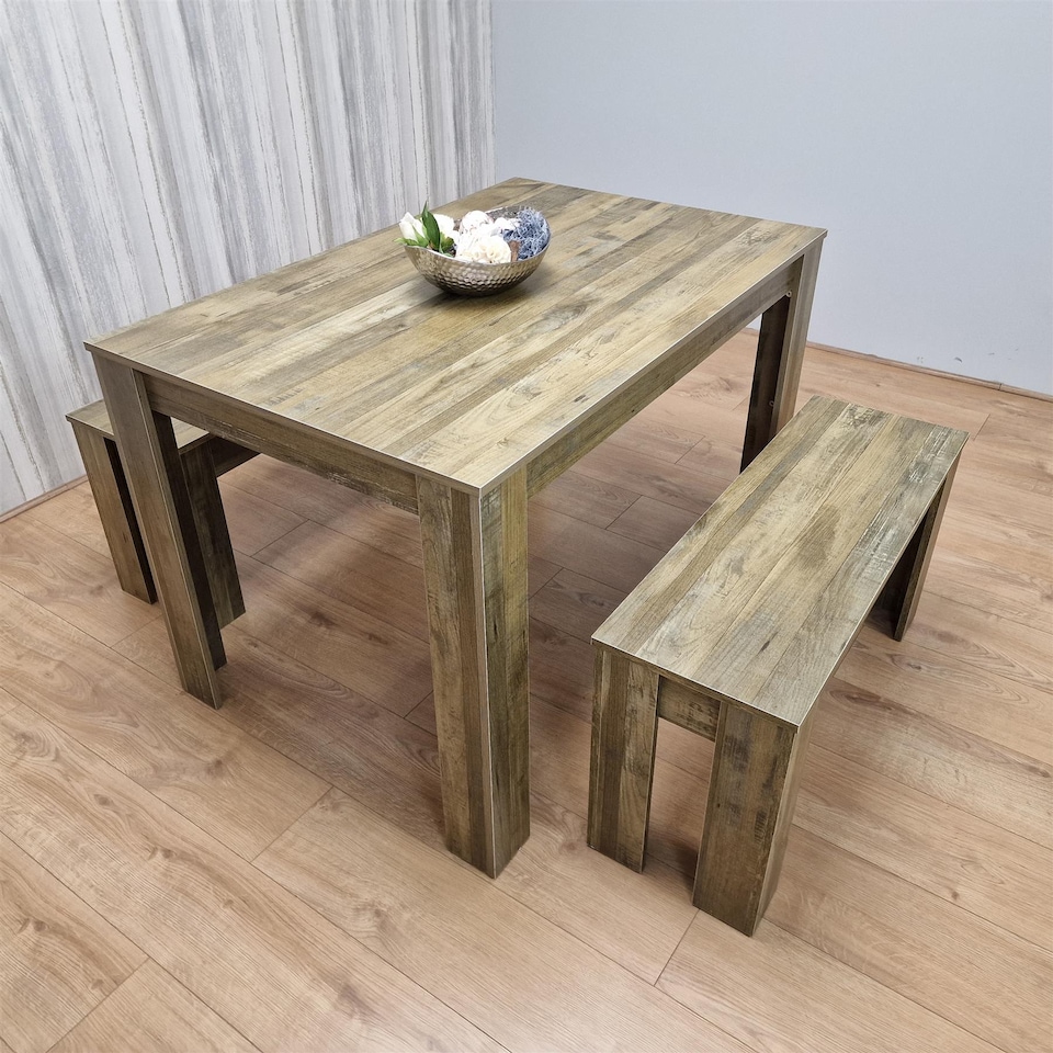 image 1 of Rustic Effect wood Dining Table And 2 Benches kitchen table Set space saver table set