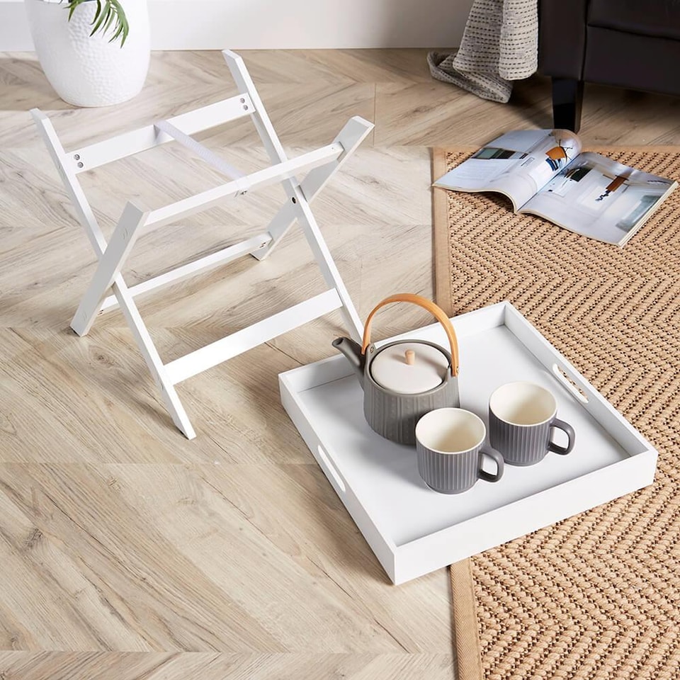 image 1 of Folding Butlers Side Table Portable Wooden Food Serving Tray | White