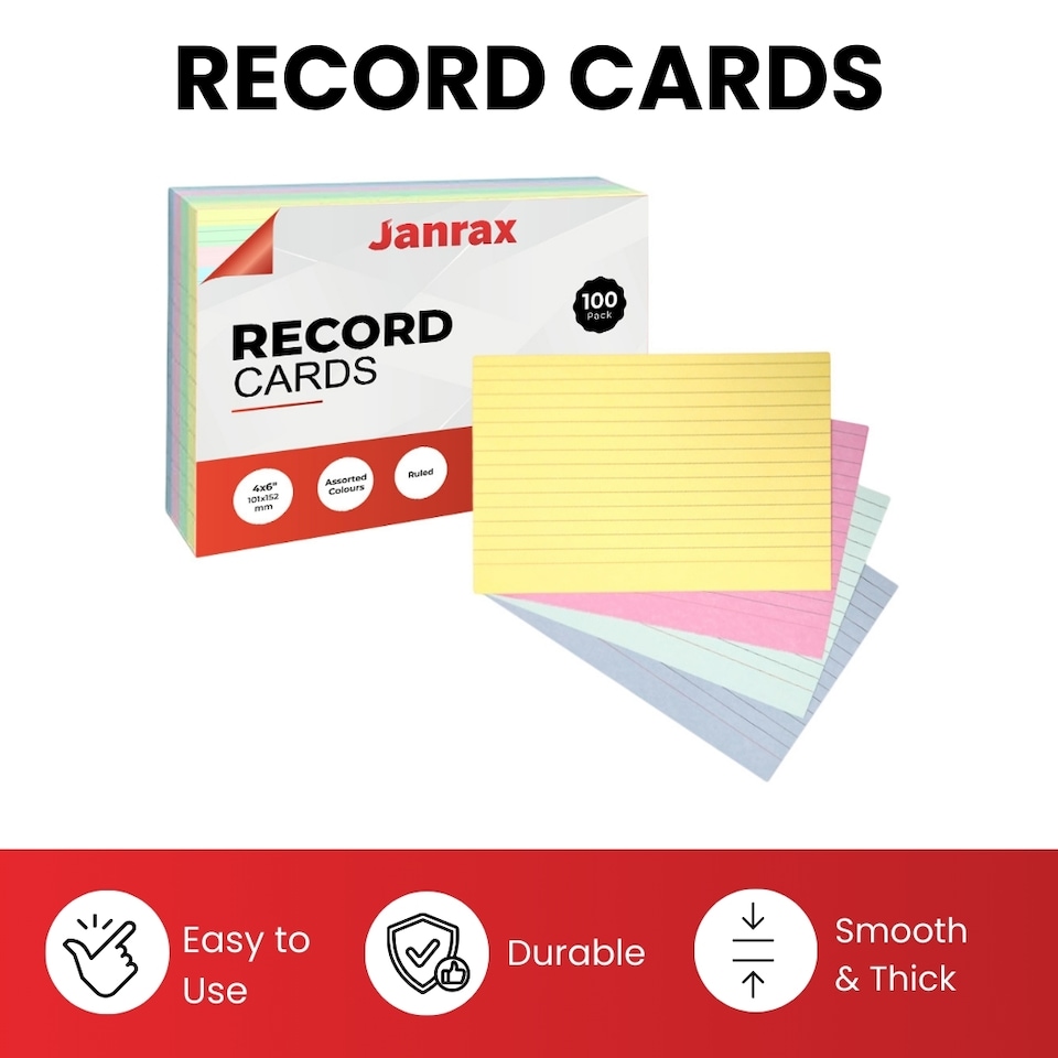image 1 of Pack of 100 White Plain 8x5inch Record Cards - Blank Study Index Cards for Notes, Revision