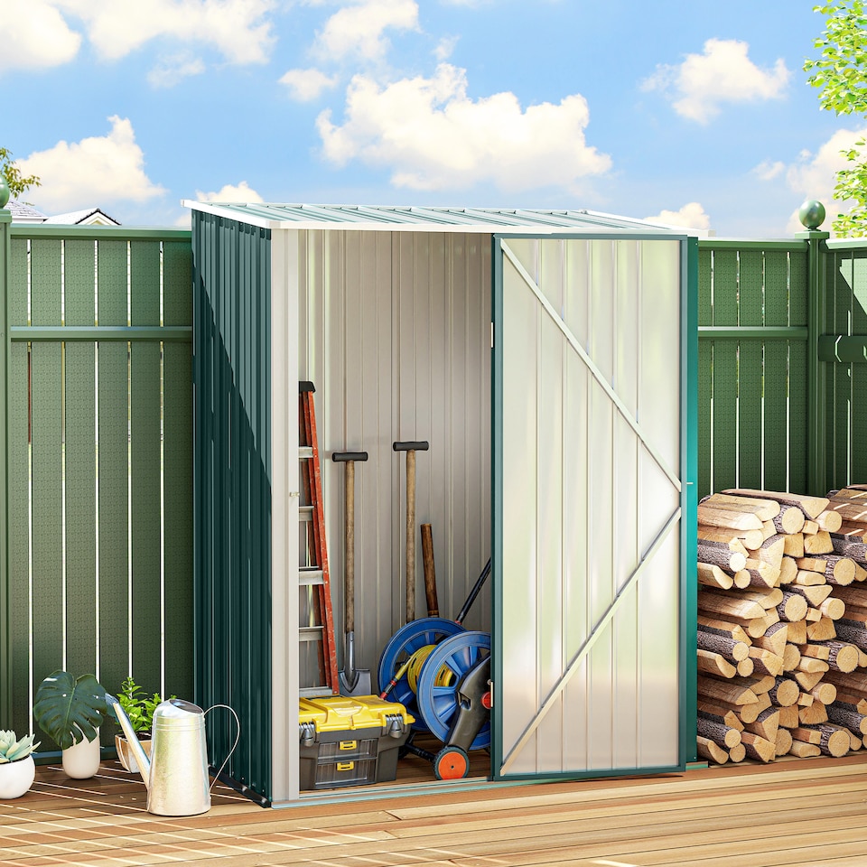 image 1 of Outsunny 5ft x 3ft Lean to Garden Shed, Metal Outdoor Storage Shed with Single Lockable Door, Tool Storage Shed for Garden, Patio, Green