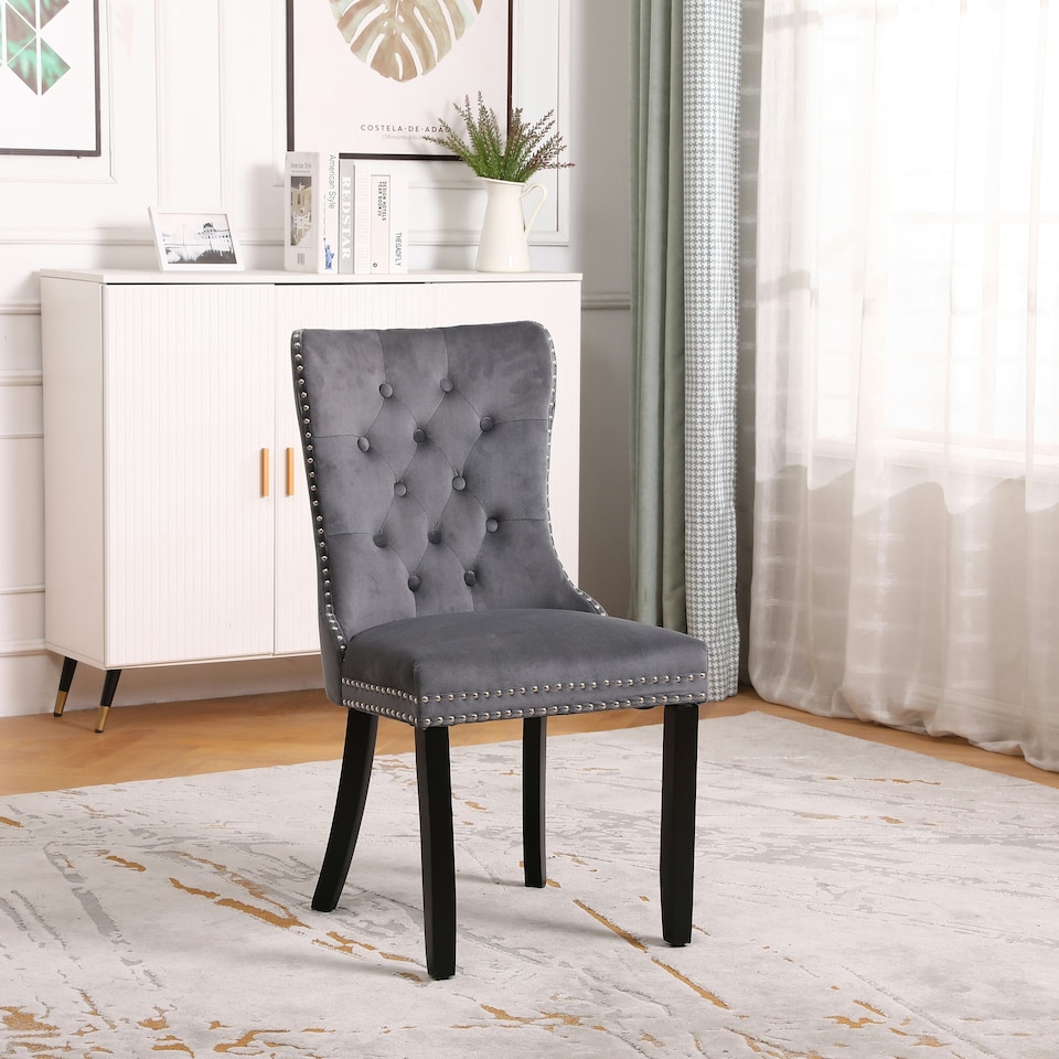 image 1 of Dark Grey Set of Six Studded Velvet Dining Chair with Ring Knocker Detail Grey | Dark Grey