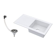 1 Bowl Fireclay Ceramic Inset Sink, Drainer, Pewter Waste 1010mm White | White | White