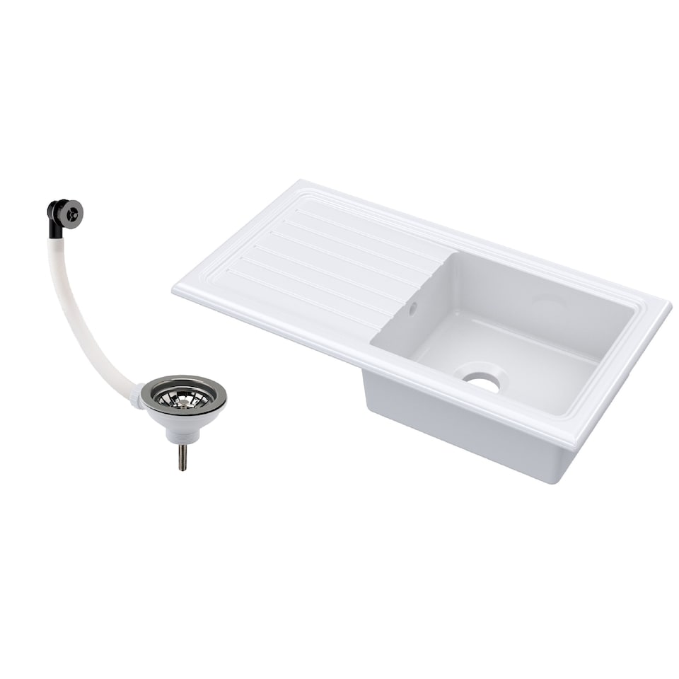 1 Bowl Fireclay Ceramic Inset Sink, Drainer, Pewter Waste 1010mm White | White | White