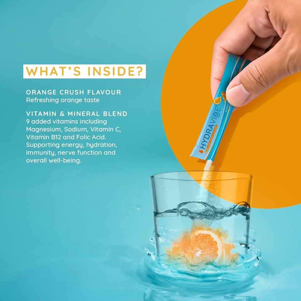 image 1 of Hydravive Rehydration Electrolytes Powder - High Strength Vitamin C and All 8 B Vitamins: B1, B3, B5, B12 Supplement Sachet Drink - 7 Pack Orange