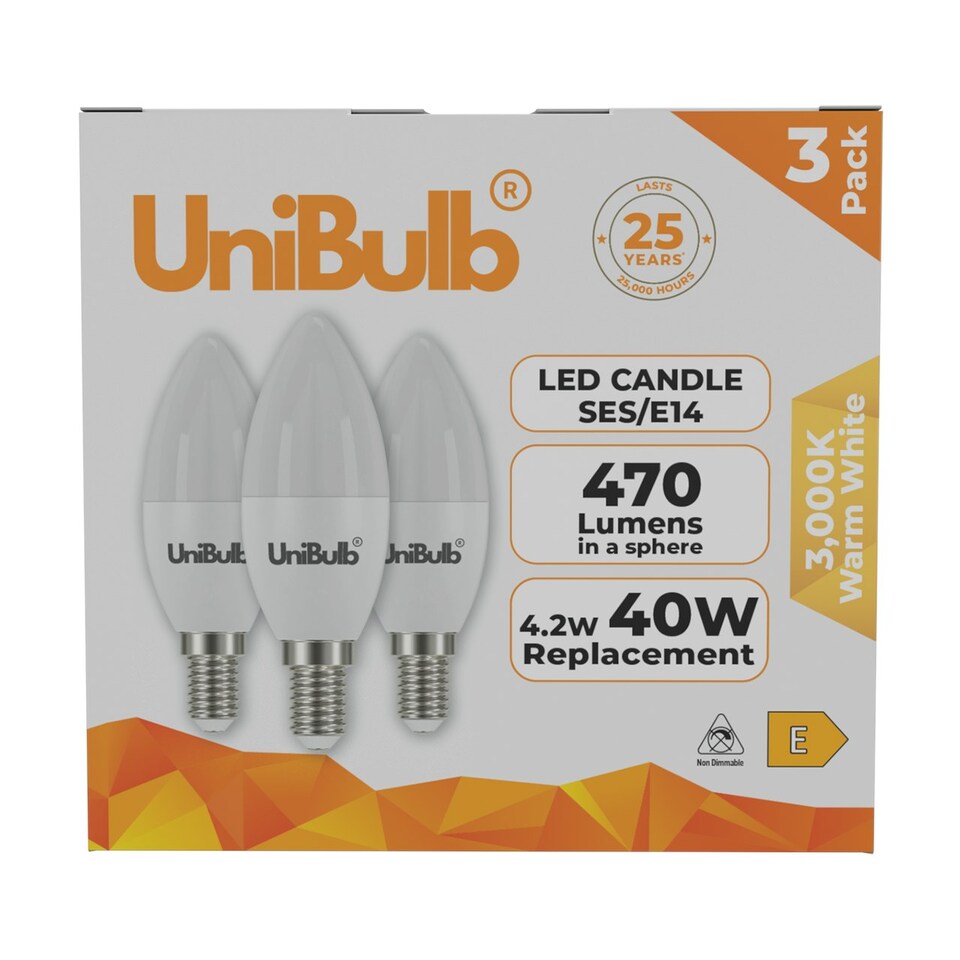 image 1 of UniBulb LED Candle E14 (SES) 470lm 4.2W 3000K (Warm White)  - Pack of 3