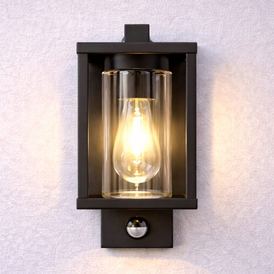 image 1 of CGC ABEL Matt Black Box Lantern Wall Light with PIR Motion Sensor