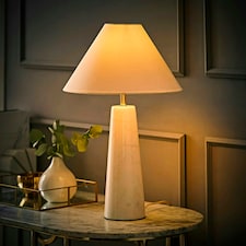 ValueLights Margot White Marble Table Lamp with a Linen Tapered Shade White