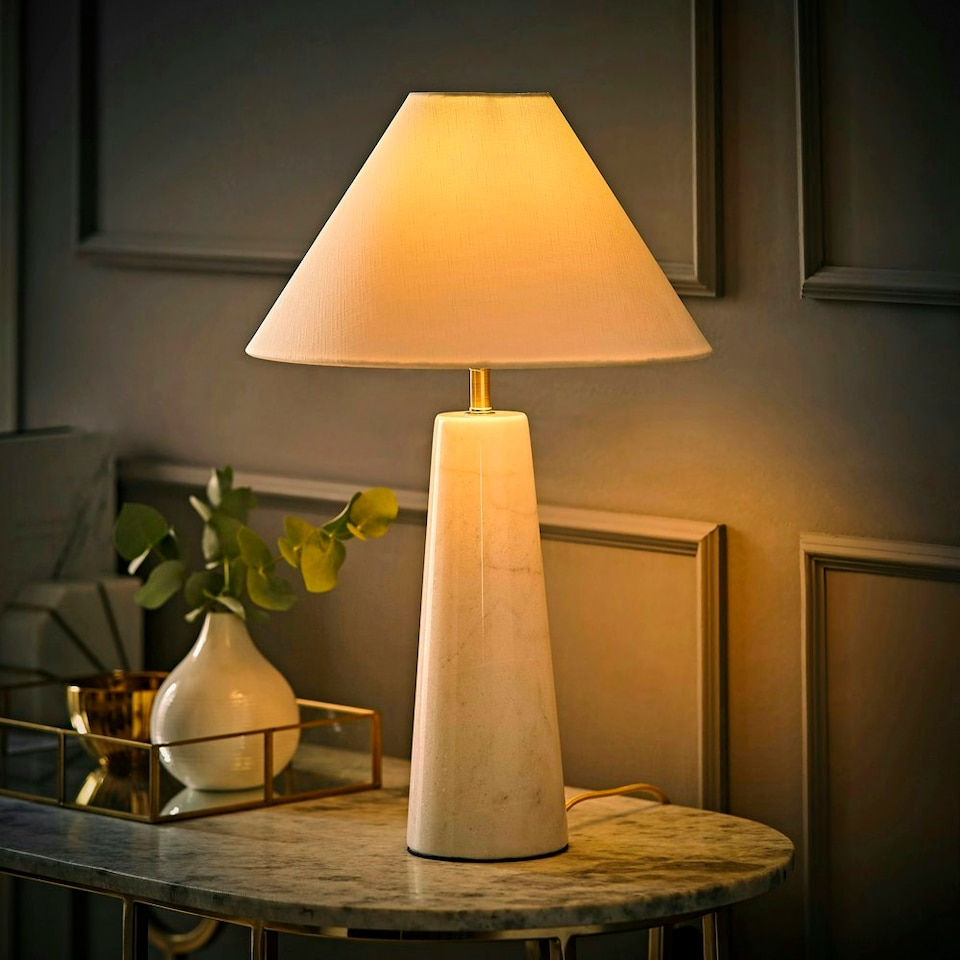 image 1 of ValueLights Margot White Marble Table Lamp with a Linen Tapered Shade White