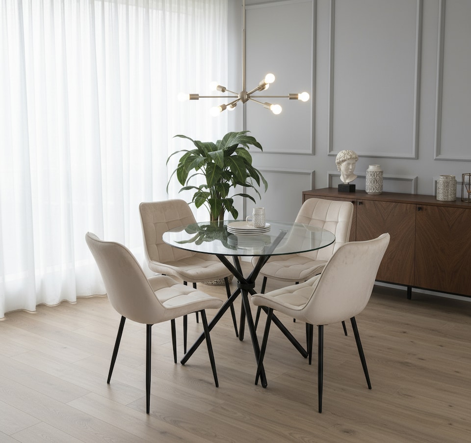 image 1 of New York Dining Table with 4 Erica Velvet Chairs - Cream | Cream