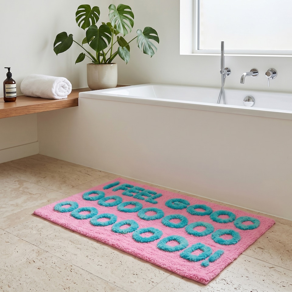 image 1 of I Feel Good Slogan Bath Mat Non Slip, Colourful Tufted Rug | Pink | Pink/Turquoise | 50 x 80cm (20 x 32") | 1