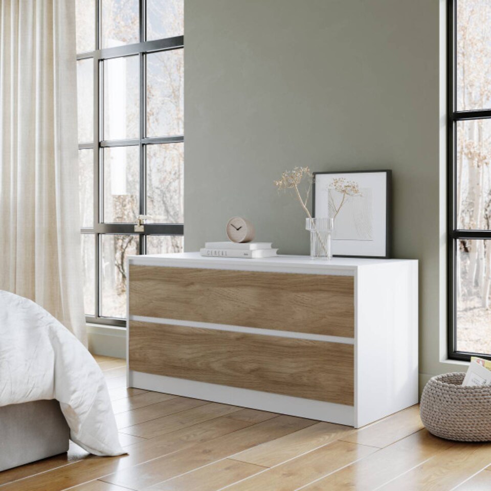 image 1 of URBNLIVING 4 Drawer Wide Chest Of Drawers Bedroom Storage Unit | Multi | White Carcass + Oak Drawers
