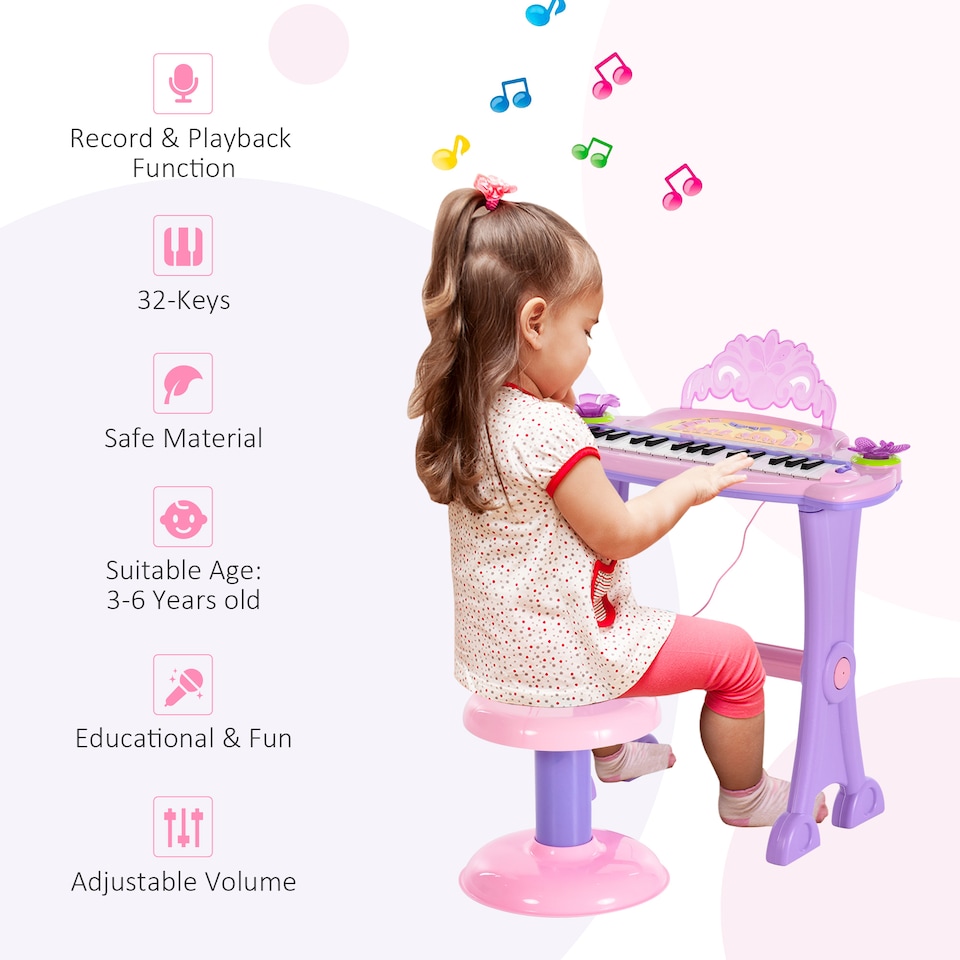 image 1 of HOMCOM 32 Keys Kids Mini Electronic Keyboard Musical Instrument Educational Game Toy Children Grand Piano Stool Micropho
