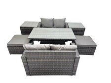 Fimous 6-seater Patio Height Adjustable Rising Lifting Table Sofa Sets Rattan Garden Furniture Dining Set with 2 Big Stools 2 Side Tables Dark Grey Mixed