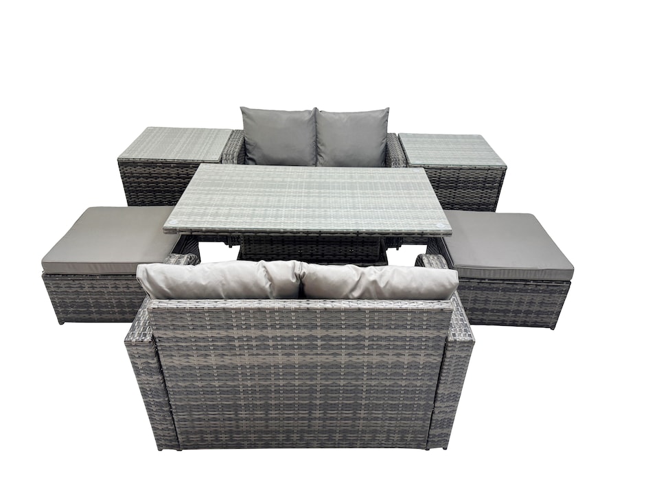 image 1 of Fimous 6-seater Patio Height Adjustable Rising Lifting Table Sofa Sets Rattan Garden Furniture Dining Set with 2 Big Stools 2 Side Tables Dark Grey Mixed