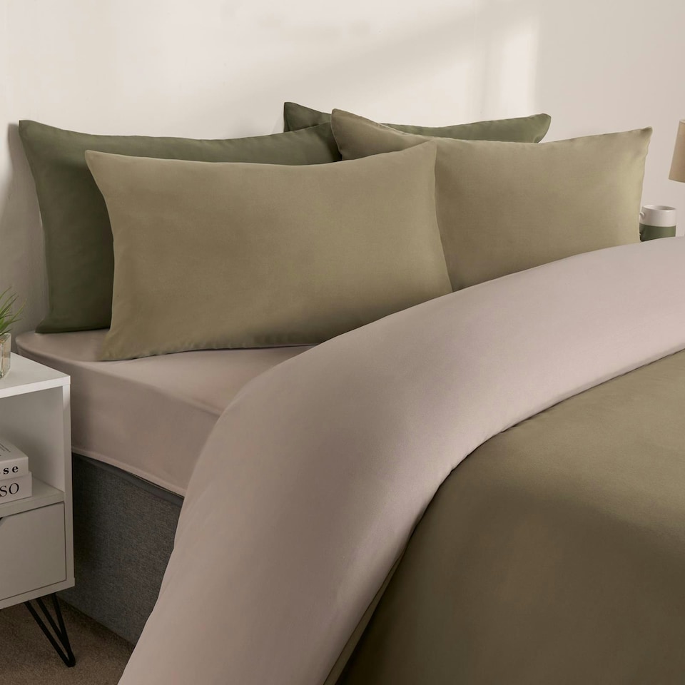 image 1 of OHS Reversible Microfibre Duvet Cover and Pillowcase Bedding Set, Double - Natural/Sage