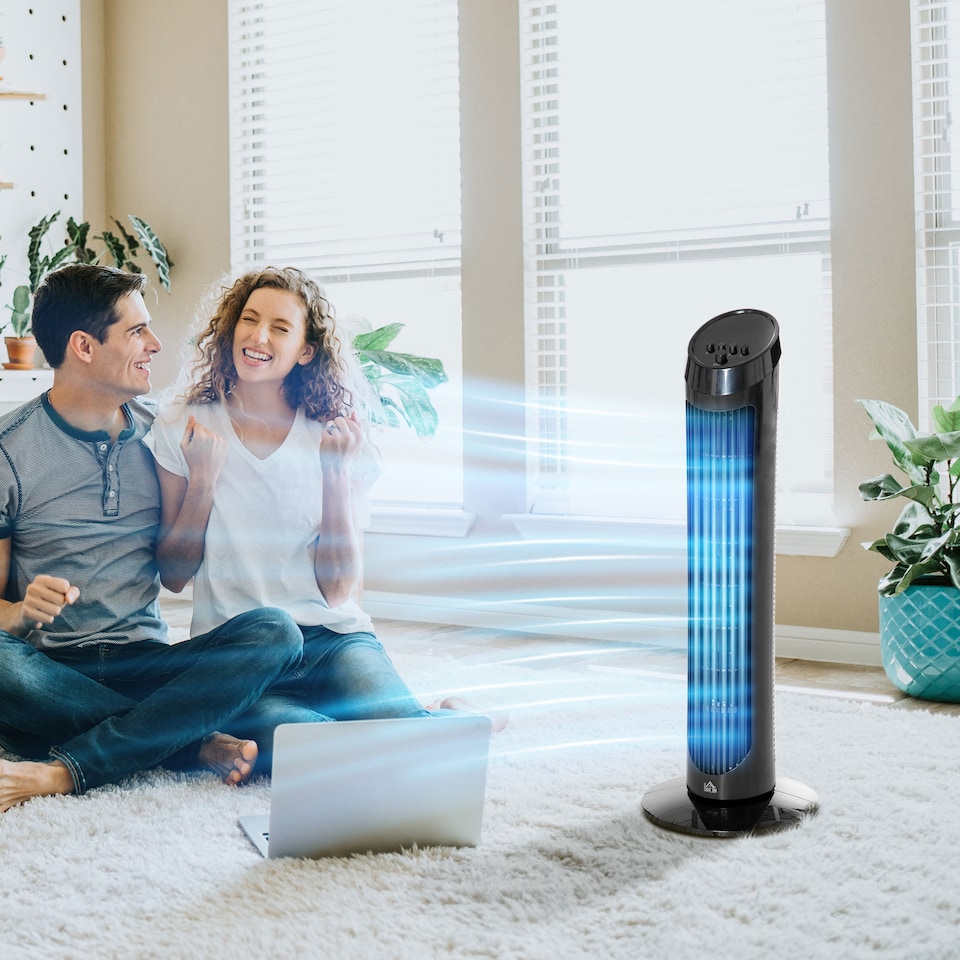 image 1 of HOMCOM Tower Fan for Bedroom Cooling, 30 Inch Electric 70 Oscillating Fan with 3 Speed Settings, Standing Floor Fan for Home Office Indoor, Black